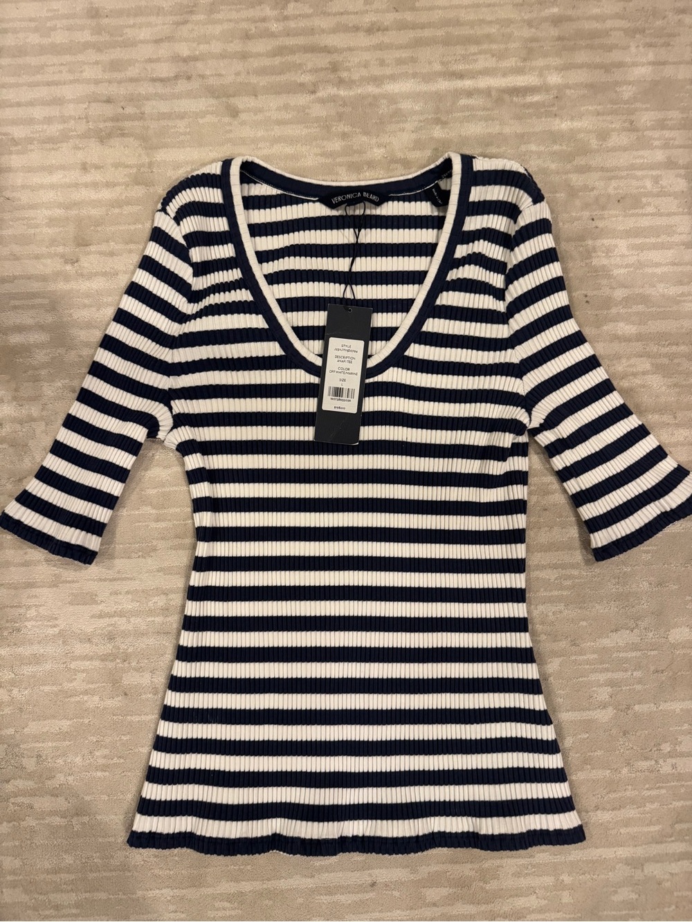 Veronica Beard Navy and White Striped Ribbed V-Neck Top